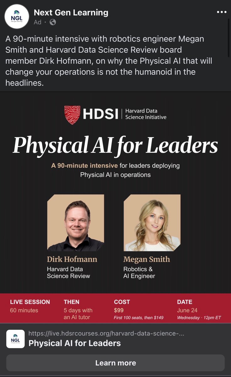 MeganSmithTech's tweet photo. Physical AI is moving from concept to operations.

On June 24, I’m joining Dirk Hofmann for a 90-minute Harvard Data Science Initiative intensive on what leaders should understand before launching Physical AI pilots, from data gaps to edge strategy, governance, and workforce impact.

https://t.co/qL6hZvsqpz