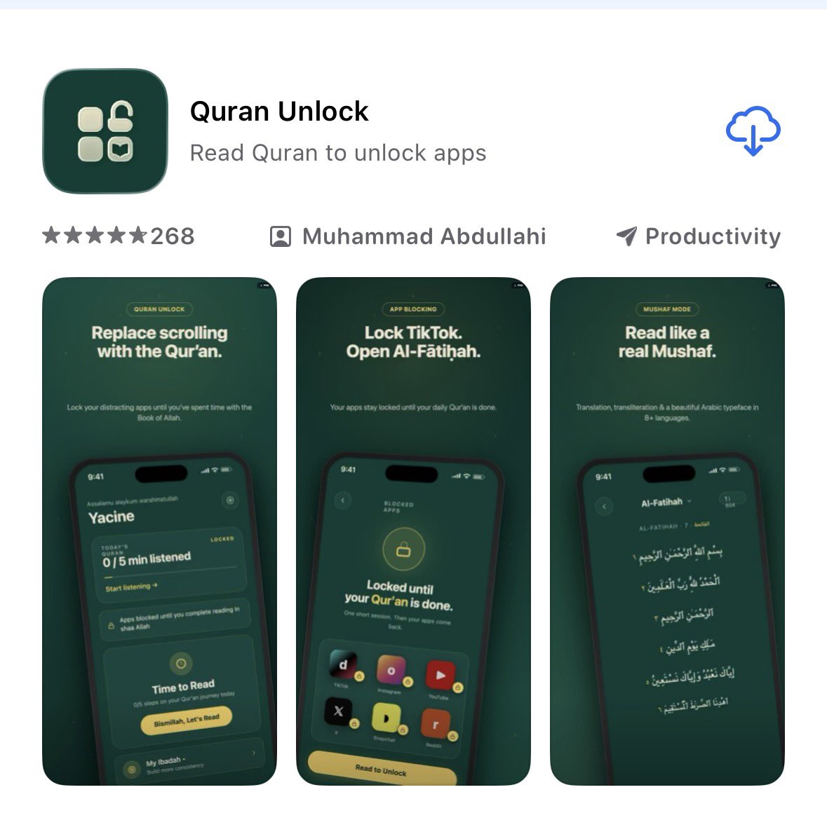 thanjuu's tweet photo. @drchocobar I found this QURAN UN-LOCK app. 

It lets you read and complete your daily Quran portion, and only then does it unlock the other apps on your phone 😃😃

Great for building a consistent habit.

Below the Screenshot ⬇️ https://t.co/f6CXhJpn4X