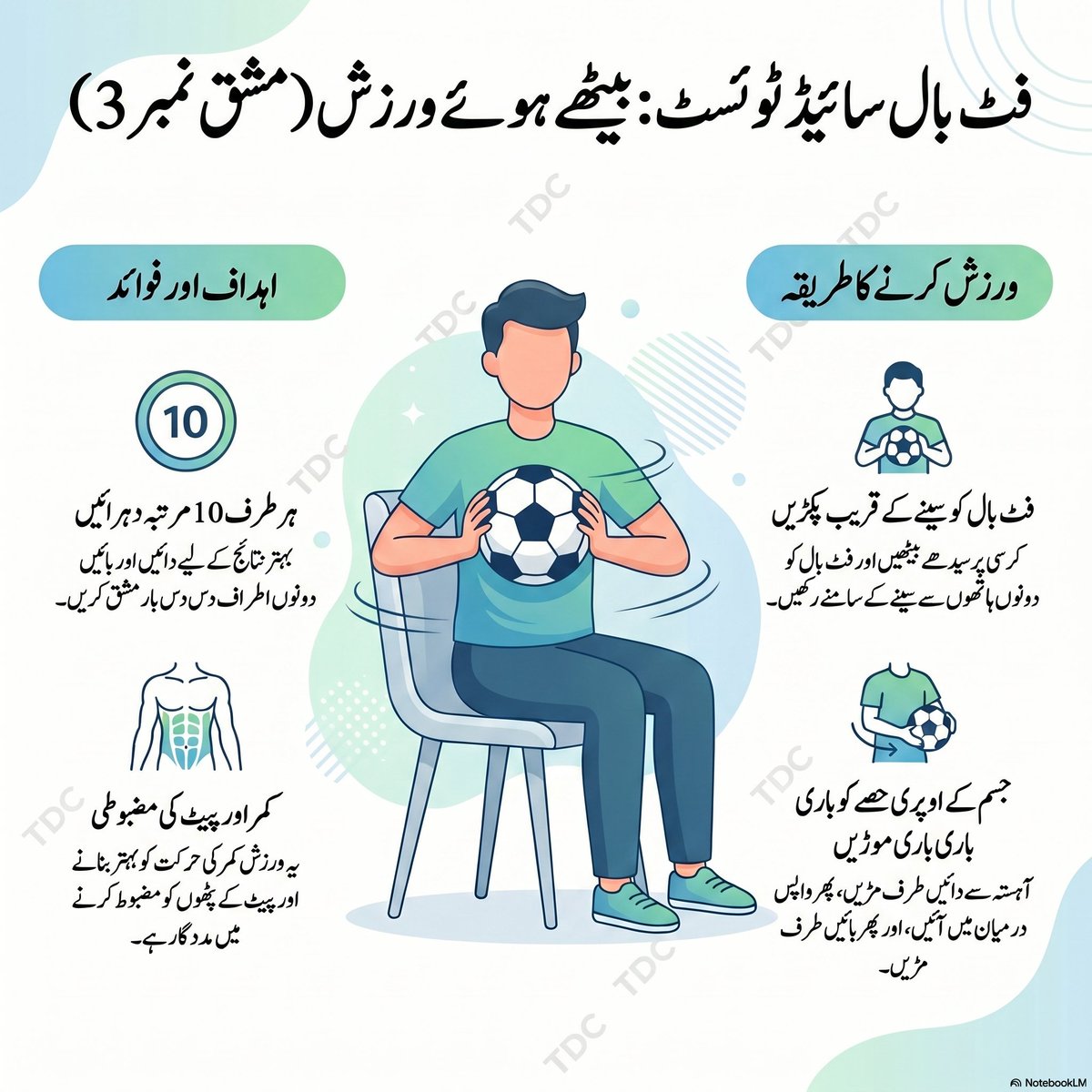 tdcpak's tweet photo. ورلڈ کپ فٹبال فیفا 2026 کی مناسبت سے :

فٹ بال کے ساتھ کرسی پر بیٹھ کر کی جانے والی ورزشیں خاص طور پر ابتدائی سطح کے افراد، زیادہ وزن والے لوگوں، یا ان لوگوں کے لیے بہترین ہیں جنہیں کھڑے ہو کر ورزش کرنے میں دشواری ہوتی ہے
۔ ان ورزشوں کے مجموعی طور پر *وزن کم کرنے، فٹنس کو بہتر بنانے اور ذیابیطس (Diabetes) سے بچاؤ* جیسے بڑے فائدے ہیں 

ہر مخصوص ورزش کے درج ذیل مختلف جسمانی فائدے ہیں:

*بازوؤں اور کندھوں کی طاقت
(Seated Football Pass) 
 یہ ورزش بازوؤں کو مضبوط بنانے، کندھوں کی حرکت کو بہتر کرنے اور نرمی سے کیلوریز جلانے میں مدد دیتی ہے ۔
*ٹانگوں، کولہوں اور پیٹ کے پٹھے
 (Seated Football Knee Lifts)
 گھٹنوں کو اوپر اٹھانے کی اس ورزش سے رانوں، کولہوں اور پیٹ کے پٹھوں کو مضبوط بنانے میں مدد ملتی ہے ۔

*کمر اور کور (Core) کی مضبوطی
 (Football Side Twists):
 دائیں بائیں مڑنے کی یہ مشق کور (core) کی مضبوطی اور کمر کے ارد گرد کی حرکت کو بہتر بناتی ہے ۔

*خون کی گردش اور اعضاء کی ہم آہنگی
 (Toe Taps on the Ball):
 بال پر پاؤں مارنے کی یہ ورزش خون کی گردش کو تیز کرنے، اعضاء کی ہم آہنگی (coordination) اور ٹانگوں کی حرکت کو بہتر کرنے میں معاون ہے ۔

*جسم کے اوپری حصے کی لچک اور توازن
 (Seated Goalkeeper Reach):
 یہ ورزش جسم کے اوپری حصے کی حرکت، لچک (flexibility) اور توازن کو بہتر بناتی ہے ۔