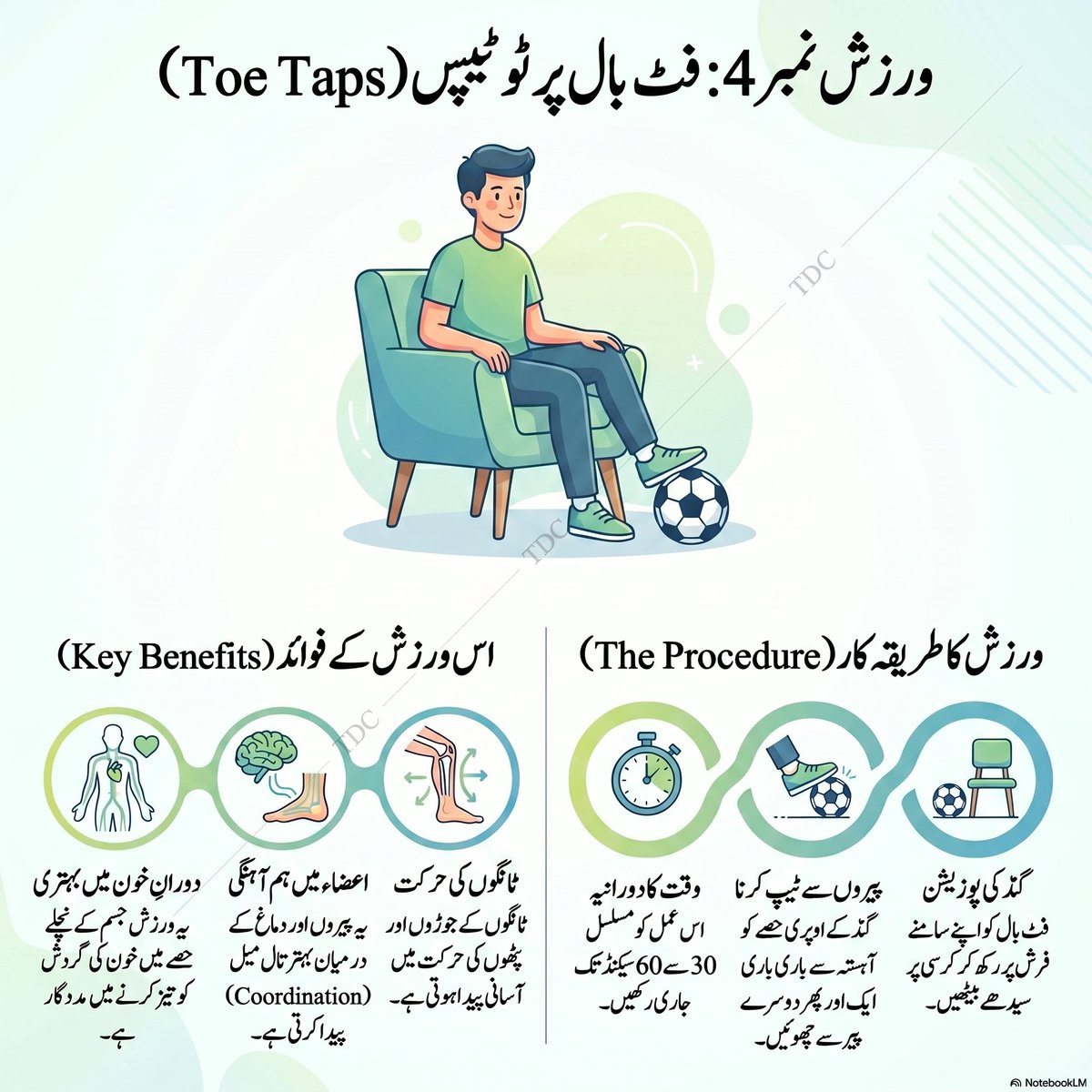 tdcpak's tweet photo. ورلڈ کپ فٹبال فیفا 2026 کی مناسبت سے :

فٹ بال کے ساتھ کرسی پر بیٹھ کر کی جانے والی ورزشیں خاص طور پر ابتدائی سطح کے افراد، زیادہ وزن والے لوگوں، یا ان لوگوں کے لیے بہترین ہیں جنہیں کھڑے ہو کر ورزش کرنے میں دشواری ہوتی ہے
۔ ان ورزشوں کے مجموعی طور پر *وزن کم کرنے، فٹنس کو بہتر بنانے اور ذیابیطس (Diabetes) سے بچاؤ* جیسے بڑے فائدے ہیں 

ہر مخصوص ورزش کے درج ذیل مختلف جسمانی فائدے ہیں:

*بازوؤں اور کندھوں کی طاقت
(Seated Football Pass) 
 یہ ورزش بازوؤں کو مضبوط بنانے، کندھوں کی حرکت کو بہتر کرنے اور نرمی سے کیلوریز جلانے میں مدد دیتی ہے ۔
*ٹانگوں، کولہوں اور پیٹ کے پٹھے
 (Seated Football Knee Lifts)
 گھٹنوں کو اوپر اٹھانے کی اس ورزش سے رانوں، کولہوں اور پیٹ کے پٹھوں کو مضبوط بنانے میں مدد ملتی ہے ۔

*کمر اور کور (Core) کی مضبوطی
 (Football Side Twists):
 دائیں بائیں مڑنے کی یہ مشق کور (core) کی مضبوطی اور کمر کے ارد گرد کی حرکت کو بہتر بناتی ہے ۔

*خون کی گردش اور اعضاء کی ہم آہنگی
 (Toe Taps on the Ball):
 بال پر پاؤں مارنے کی یہ ورزش خون کی گردش کو تیز کرنے، اعضاء کی ہم آہنگی (coordination) اور ٹانگوں کی حرکت کو بہتر کرنے میں معاون ہے ۔

*جسم کے اوپری حصے کی لچک اور توازن
 (Seated Goalkeeper Reach):
 یہ ورزش جسم کے اوپری حصے کی حرکت، لچک (flexibility) اور توازن کو بہتر بناتی ہے ۔