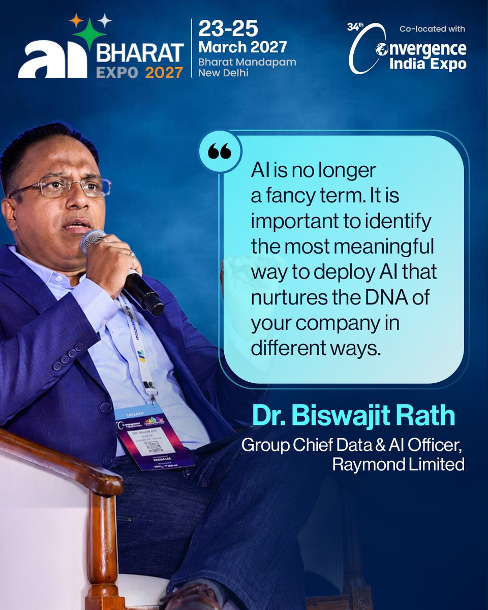 datacenter_ind's tweet photo. Dr Biswajit Rath, @TheRaymond_RLL (Raymond Limited), at @aibharatexpo 2026, makes a critical distinction: AI adoption is no longer the question; deploying it in ways that truly align with &amp; strengthen your company's core identity is.

Do you agree? Comment below👇
#CI2026 #CI2027 https://t.co/oNokWayuq4
