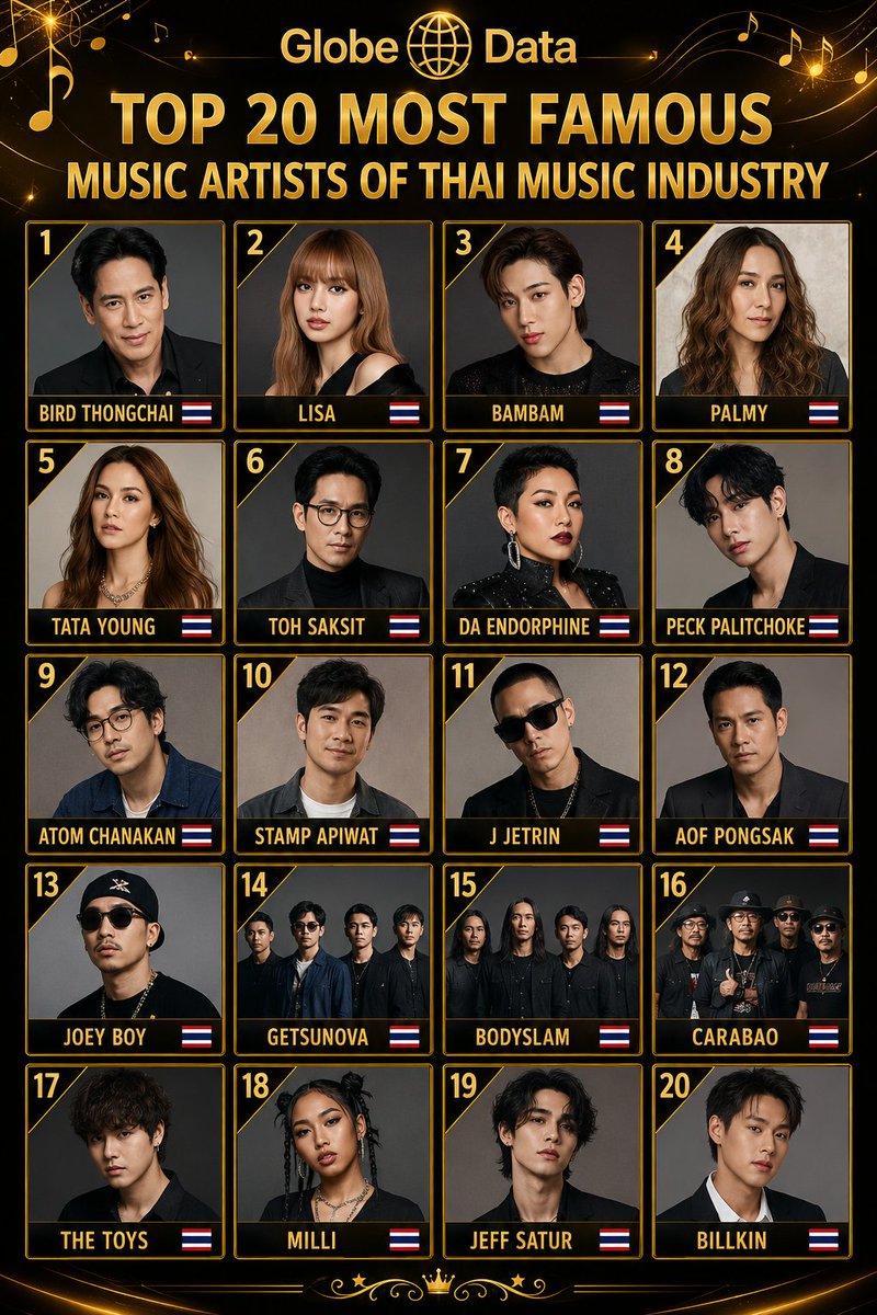 data_globe's tweet photo. 🎵🇹🇭 Top 20 Most Famous Music Artists of the Thai Music Industry

🇹🇭 Bird Thongchai
🇹🇭 Lisa
🇹🇭 BamBam
🇹🇭 Palmy
🇹🇭 Tata Young
🇹🇭 Toh Saksit
🇹🇭 Da Endorphine
🇹🇭 Peck Palitchoke
🇹🇭 Atom Chanakan
🇹🇭 Stamp Apiwat
🇹🇭 J Jetrin
🇹🇭 Aof Pongsak
🇹🇭 Joey Boy
🇹🇭 Getsunova
🇹🇭 Bodyslam
🇹🇭 Carabao
🇹🇭 The Toys
🇹🇭 Milli
🇹🇭 Jeff Satur
🇹🇭 Billkin
