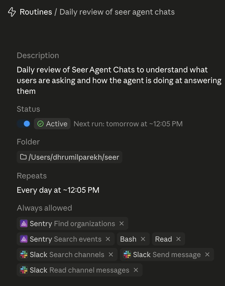 dhrumilPM's tweet photo. Agent Monitoring + MCP with @sentry  = an LLM judge for your agent in 5 minutes.

I set up a @claudeai routine that reads the messages users send our AI agent, categorizes them, then reads the full conversations to see how the agent did — and reports to Slack.

You just need the right telemetry and a way for the agent to fetch it. Sentry's got you on both