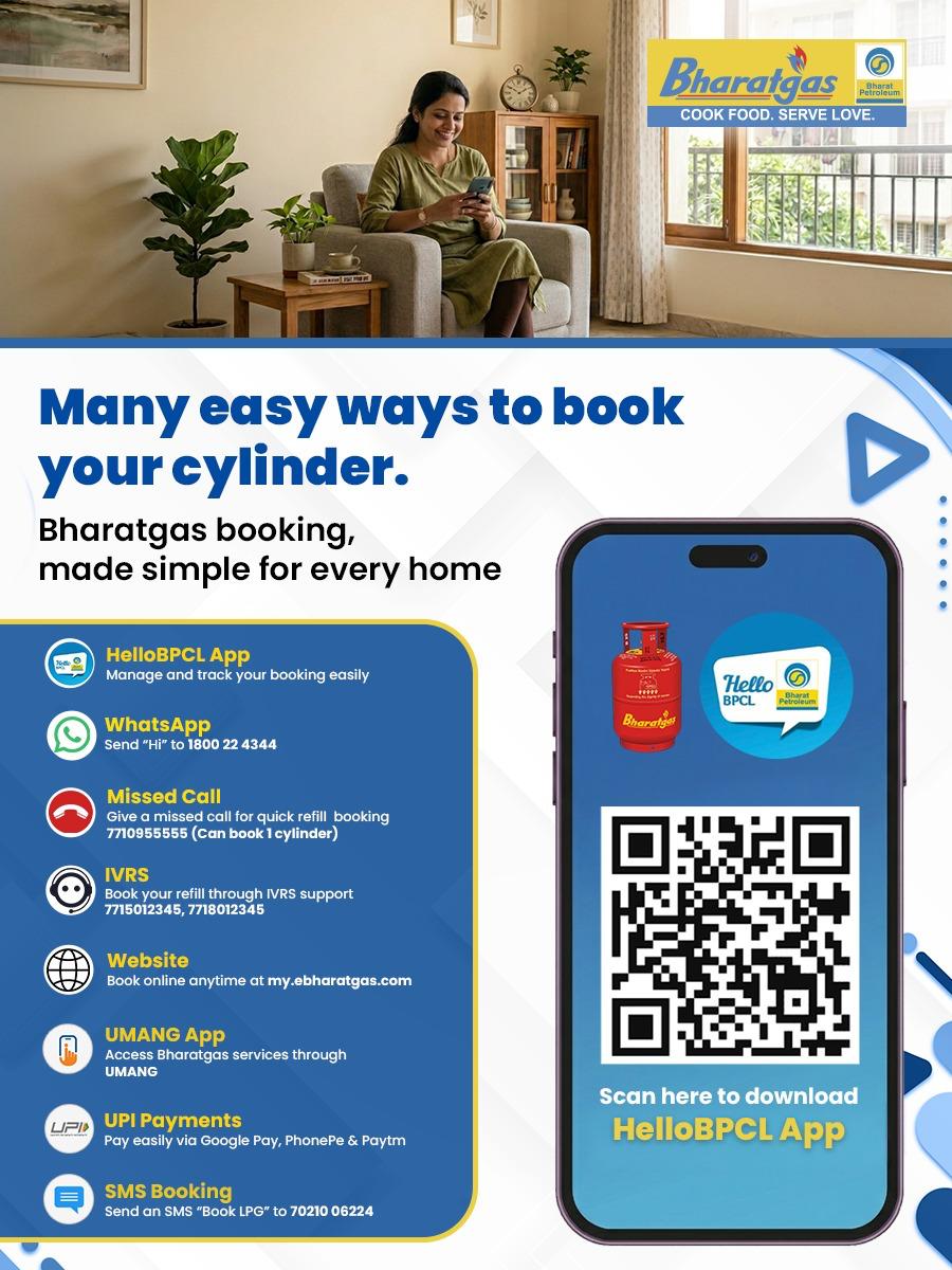 BPCLGoa's tweet photo. Bharatgas makes refill booking simple and accessible—via HelloBPCL App, WhatsApp, IVRS, UMANG, SMS, website, and UPI payments. Because convenience should always be within your reach.

@BPCLimited @BPCLLPG @PetroleumMin @HardeepSPuri @Secretary_MoPNG
#Bharatgas https://t.co/F8M5ACl6e9