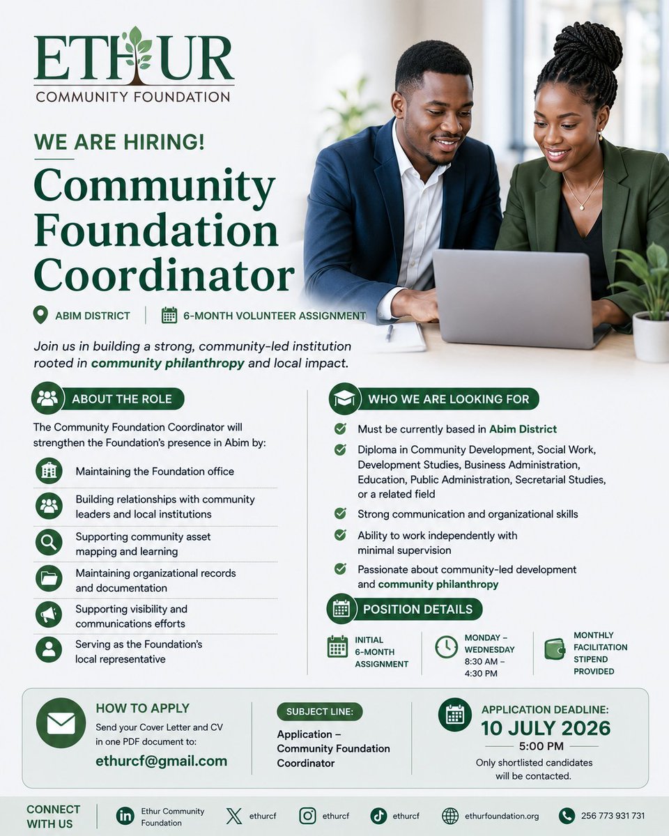 ethurcf's tweet photo. WE'RE HIRING!

Community Foundation Coordinator.

📍 Abim
📅 6-Month Volunteer Assignment
🗓 Mon–Wed | 8:30 AM – 4:30 PM

📧 Apply: ethurcf@gmail.com
📝 Subject: Application – Community Foundation Coordinator

⏰ Deadline: 10 July 2026, 5 PM

Please share widely.

#ethurcf https://t.co/LoaXBZj7sW