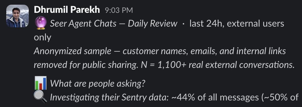 dhrumilPM's tweet photo. Agent Monitoring + MCP with @sentry  = an LLM judge for your agent in 5 minutes.

I set up a @claudeai routine that reads the messages users send our AI agent, categorizes them, then reads the full conversations to see how the agent did — and reports to Slack.

You just need the right telemetry and a way for the agent to fetch it. Sentry's got you on both