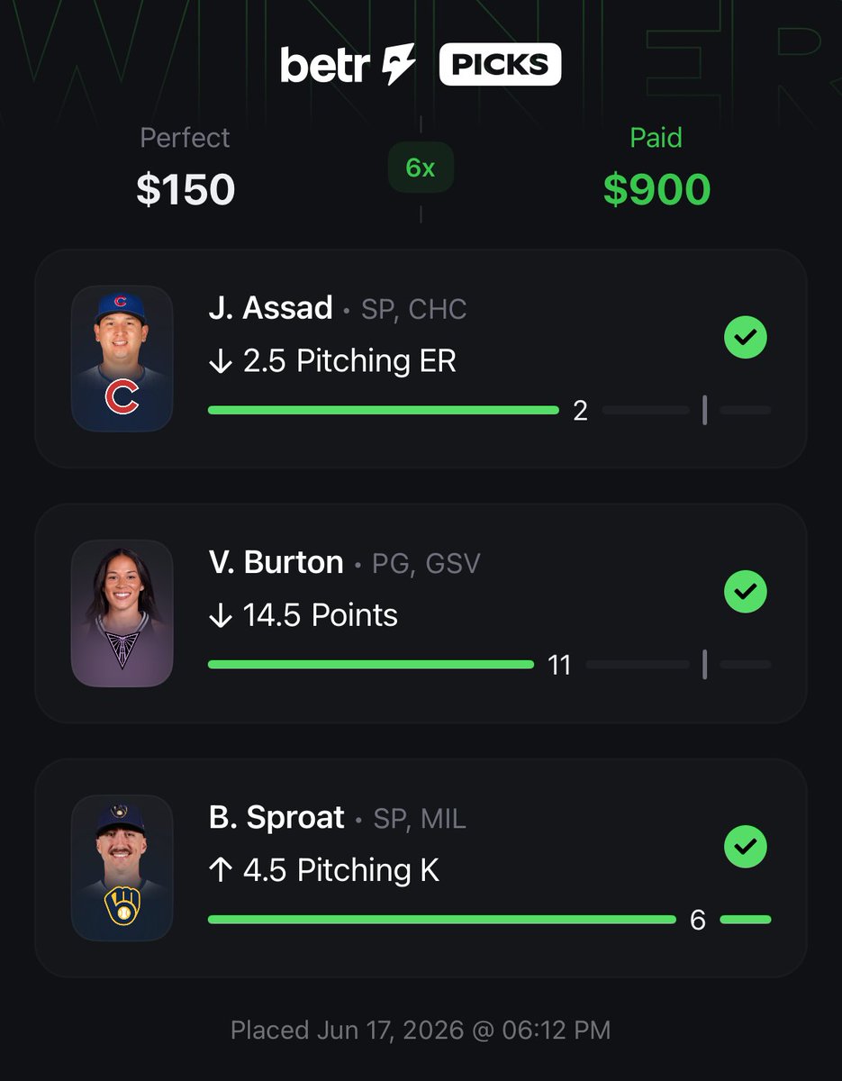 thomasjordaniv's tweet photo. LFGGGGGGGG ✅

$150 -> $900 💰

Another one! Cash it. That's now FOUR straight days with a Betr 6x winner. Let's keep it going and get 5 in a row tomorrow, shall we? 🫡

Anyone tail?????? https://t.co/cijTjpBcJj