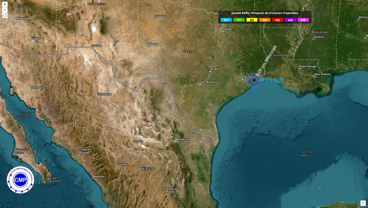 CMPtiempo's tweet photo. ⚠️Aviso 8:🌀Remanentes de Arthur
9:00 pm Centro | Es una baja presión remanente. 
**Sin influencia ni riesgo para México**
🔺Precaución: lluvias fuertes a intensas en costas de Luisiana, Mississisipi, Alabama y costa oeste de Florida, EUA. https://t.co/I5Qtb5Ge8Z