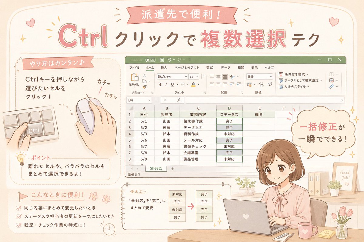 fullremo_y's tweet photo. かなり使ってる
Ctrlクリックの複数選択テク…！🙌

Ctrl押しながらポチポチクリックするだけで、
離れたセルも一気に選択できます✨

一括修正やステータス更新が一瞬で終わる神テクです😊

特に忙しい事務員さんにおすすめ！

#Excel時短 #複数選択 #PCショートカット #派遣のExcel https://t.co/ceynpvAaHb