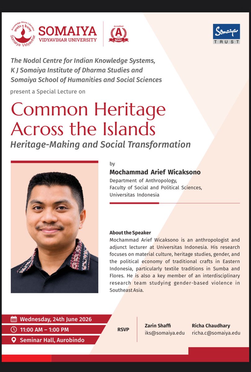 dharmastudies's tweet photo. How do communities create and preserve heritage across islands?

Join renowned anthropologist Mohammad Arief Wicaksono for a special lecture on heritage-making, identity, and social transformation.

Date: 24 June 2026 
Time: 11 AM – 1 PM
Location: Seminar Hall, Aurobindo https://t.co/ZUxymU9M0p