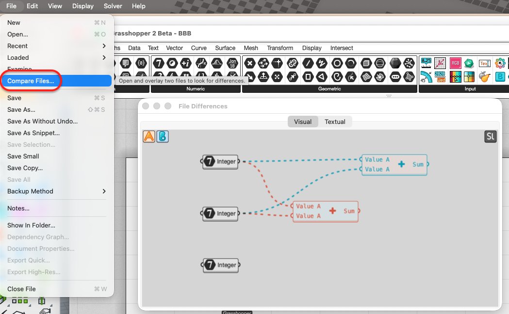 curry247_'s tweet photo. 開発中のGrasshopper2より。
Compare Files で2つのGH2定義ファイルを指定することで、コンポーネントの配置が異なる箇所を確認できるよう。
配置位置に変更がない箇所は黒色。1つ目が赤、2つ目が青のように。ざっと比較するのに便利そうですね https://t.co/E8iw9WHveP
