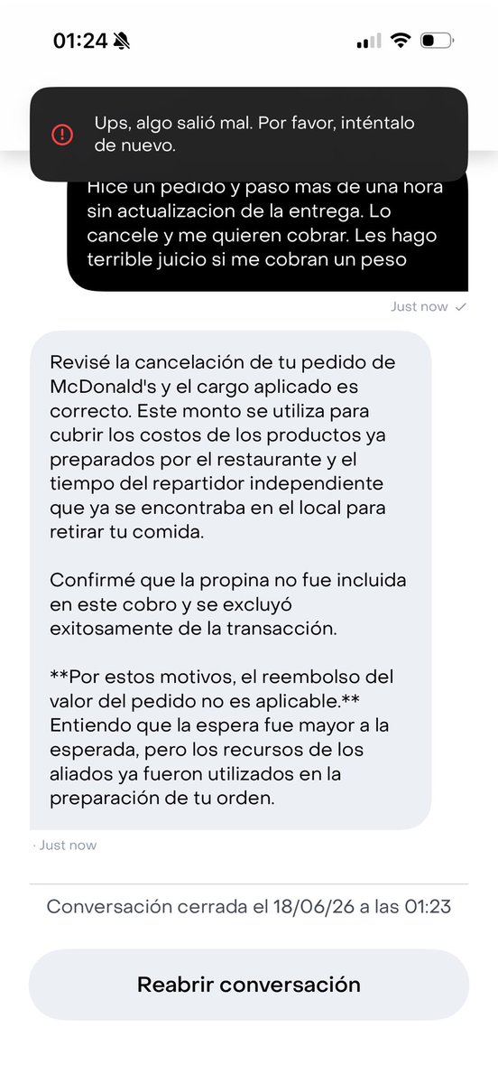 axelek's tweet photo. @McDonalds_Ar me roba. Hice un pedido por @RappiArgentina que nunca llego y cuando lo cancele me lo quieren cobrar . Una hora esperando hijos de puta https://t.co/g2wCs1xB4v