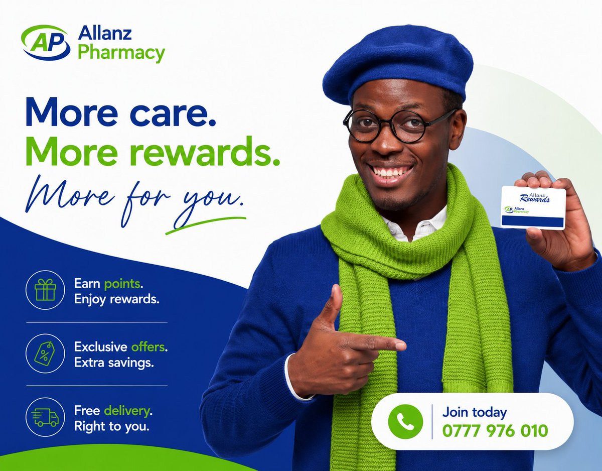 allanzpharmacy's tweet photo. Join the Allanz Pharmacy Loyalty Program today.
Earn points. Enjoy savings. Get free delivery.
📍 Hoima Central Market
📍 Old Tooro Road
📍 Tooro Mall – Fort Portal
📍 Masindi Branch https://t.co/KLbFqH1Yzx