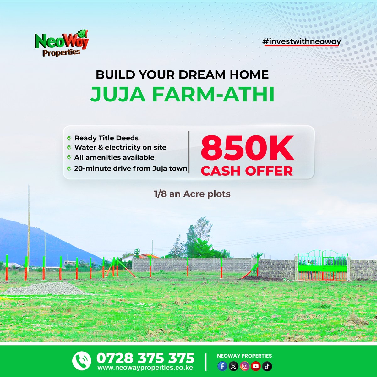 Neowayltd's tweet photo. 📷 𝐘𝐨𝐮𝐫 𝐃𝐫𝐞𝐚𝐦 𝐇𝐨𝐦𝐞 𝐒𝐭𝐚𝐫𝐭𝐬 𝐇𝐞𝐫𝐞!
Imagine owning a piece of land where your future home stands surrounded by peace, convenience, and growing value. Welcome to Juja Farm–Athi, where ready title deeds, water, electricity, and all essential amenities are already in place.
📷 Ready Title Deeds
📷 Water & Electricity on Site
📷 All Amenities Available
📷 Only 20 Minutes from Juja Town
📷 Spacious 50x100 Plots
📷 Special Cash Offer: KES 850,000 Only!
Secure your plot today and invest in a location designed for comfortable living and long-term value appreciation.
📷 Call: 0728 375 375
#JujaFarmAthi #NeoWayProperties #LandForSaleKenya #JujaPlots #ReadyTitleDeeds #InvestInLand #DreamHomeStartsHere #PropertyInvestment #AffordablePlots #KenyaRealEstate #OwnLandBuildWealth