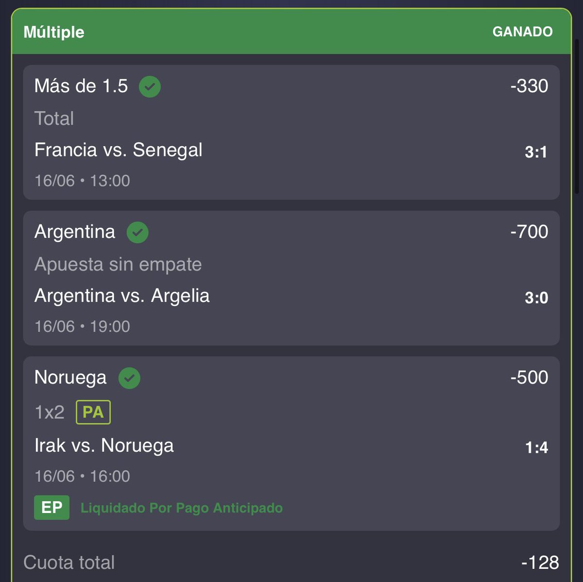 ElPandaPicks's tweet photo. 7 DÍAS SEGUIDOS SALIENDO CON UTILIDAD EN EL VIP ✅

No paramos estamos Ganando todo en el Mundial 💰🔥

Racha de ✅ 10 - 2 ❌

Estamos ganando todos los días, mándame DM si quieres unirte al VIP, Promo Activada toda la Noche‼️ https://t.co/Ah2UGuUgS1