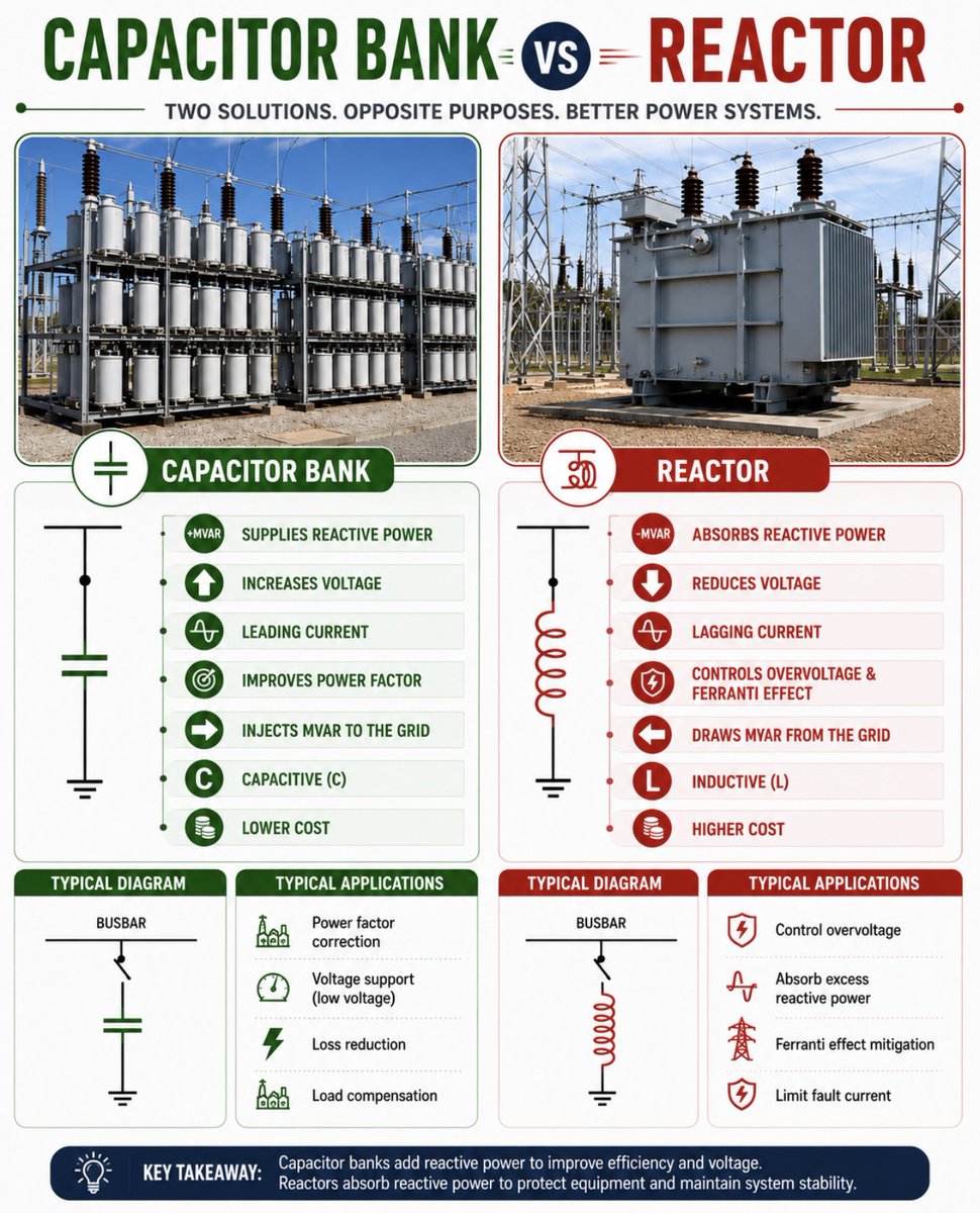 shailearning's tweet photo. Differences between capacitor bank and reactor https://t.co/XP8U2JbpLt