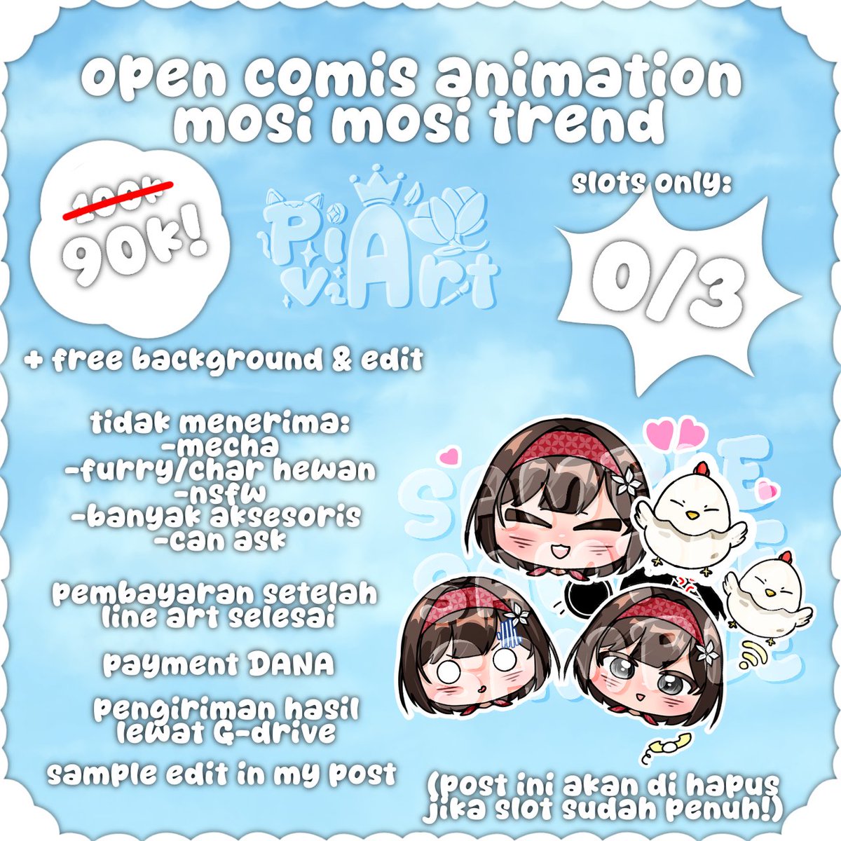 Vpiaaa_'s tweet photo. {❤&amp;🔁 are very appreciated}

hawoo~ヾ(＾∇＾) aku open comis buat animasi yang lagi trend nih~ sekalian buat ngisi liburan juga~ pengerjaan bisa sampe 3-7 hari aja~, tapi aku cuma open di 3 slot aja ya~ 
ayo order sebelum kehabisan slot nya~ (｡•̀ᴗ-)✧

#opencomission https://t.co/eLFXSIbqDB