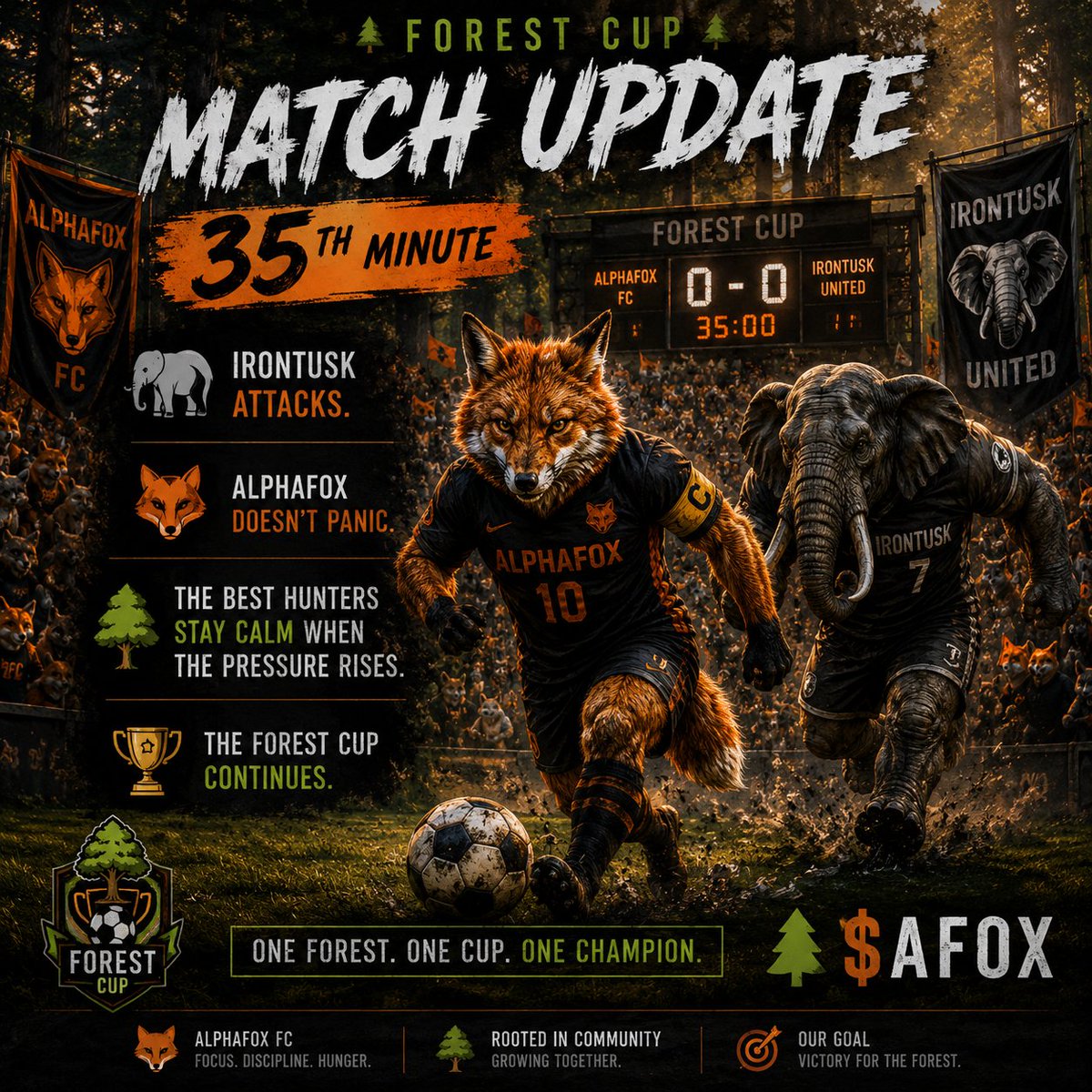 CAXLab's tweet photo. ⚽🌳 MATCH UPDATE

35th Minute.

🐘 IronTusk attacks.

🦊 AlphaFox doesn't panic.

The best hunters stay calm when the pressure rises.
EStMMJes4UzRJP46MdDePY1ysyiXVQJRJgUHH87Jpump

The Forest Cup continues.

🌳 $AFOX https://t.co/sjk8ZO6em0