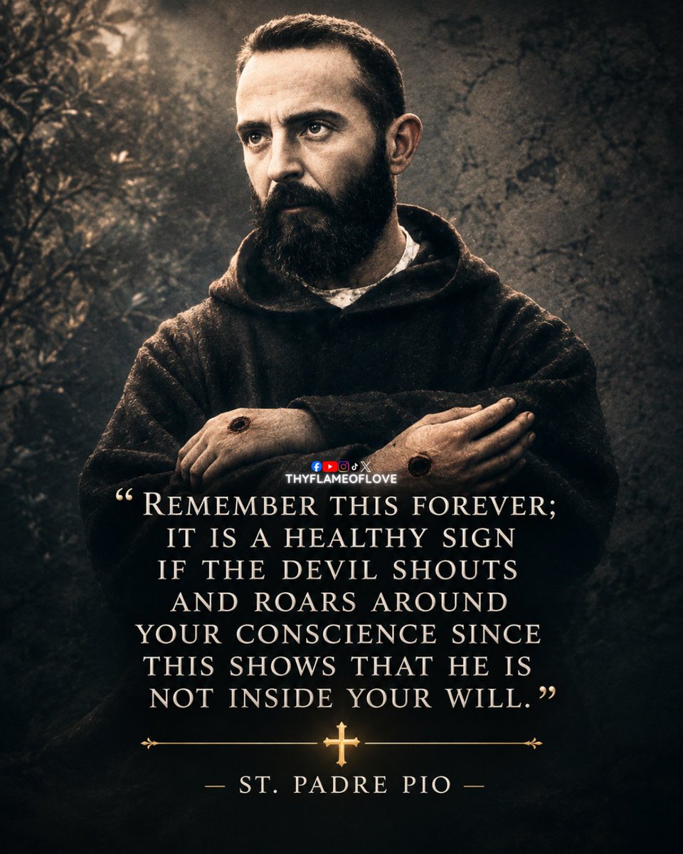 thyflameoflove's tweet photo. "Remember this forever; it is a healthy sign if the devil shouts and roars around your conscience since this shows that he is not inside your will."
- St. Padre Pio

St. Padre Pio is reminding us of something many people forget: temptation is not the same thing as consent.

Sometimes we hear accusations in our minds. We feel discouraged, attacked, or weighed down by guilt. We wonder if something is wrong with us because the battle feels so intense. But Padre Pio says the opposite can be true. If you're fighting against temptation, resisting sin, and trying to stay close to God, the struggle itself may be evidence that your heart still belongs to Him.

The devil does not waste much effort on a soul that has already surrendered. The loudest battles often happen when someone is trying to follow Christ faithfully. Scripture tells us to resist the devil, and he will flee from us (James 4:7). That means the fight is not proof of failure. It can be proof that you're still standing.

So don't panic every time you're tempted. Don't assume every spiritual struggle means you're losing. The real danger is not being tempted. It's becoming comfortable with sin and no longer fighting it.

Be honest: have you ever mistaken temptation for failure?

Someone you know may need this reminder more than you realize.