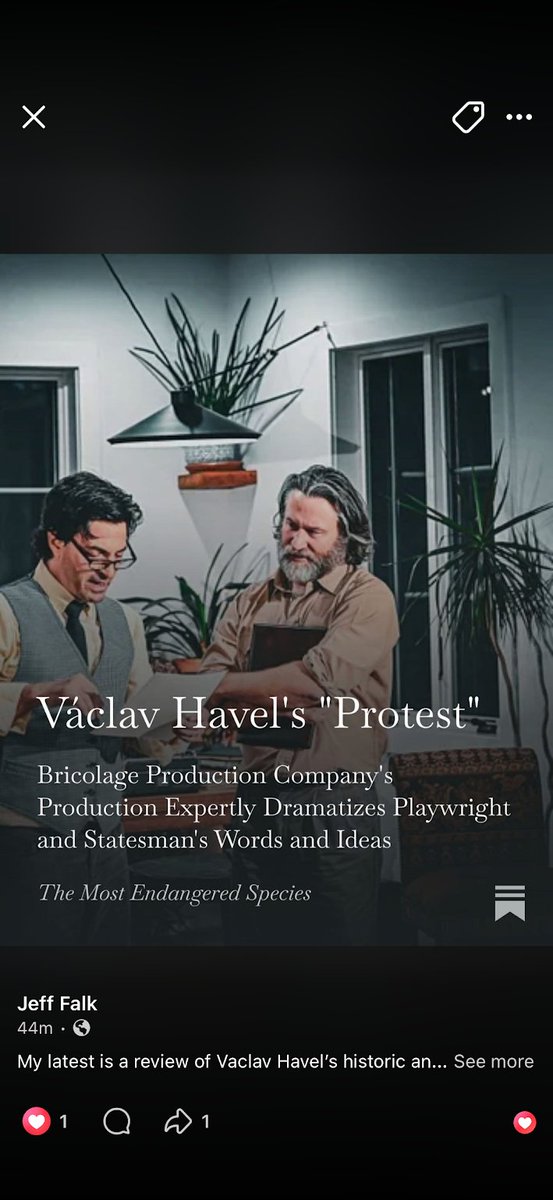 stevenschub's tweet photo. "...expertly dramatizes the playwright and statesman's words and ideas… truly immersive… emphatically recommended.”
@CyranoFalk reviews our "Protest”. 
Starring Steven Schub &amp; Robert Anthony Peters. 
Directed by Jeffrey Carpenter. 
https://t.co/E0SOjQbYBn
#VáclavHavel https://t.co/X5Ma3zOsNO