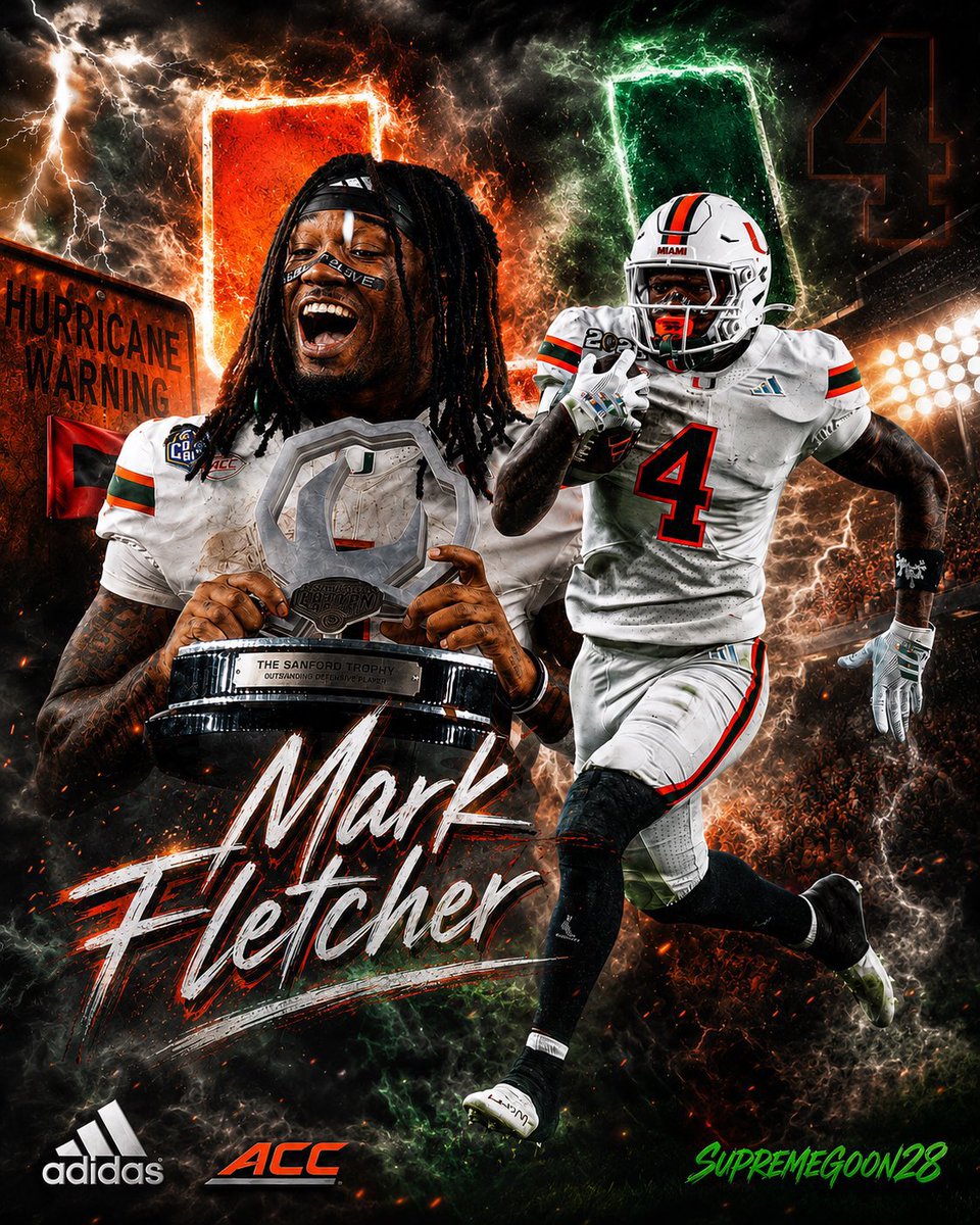 Supremegoon28's tweet photo. If you can’t stop the run,
you can’t stop Miami.

Mark Fletcher makes sure of it.

Physical. Relentless. Hurricane Football. 
🟠🟢🌴🙌🏿
#MiamiHurricanes #TheU @fletcherjr_mark https://t.co/1lalXQe8WV