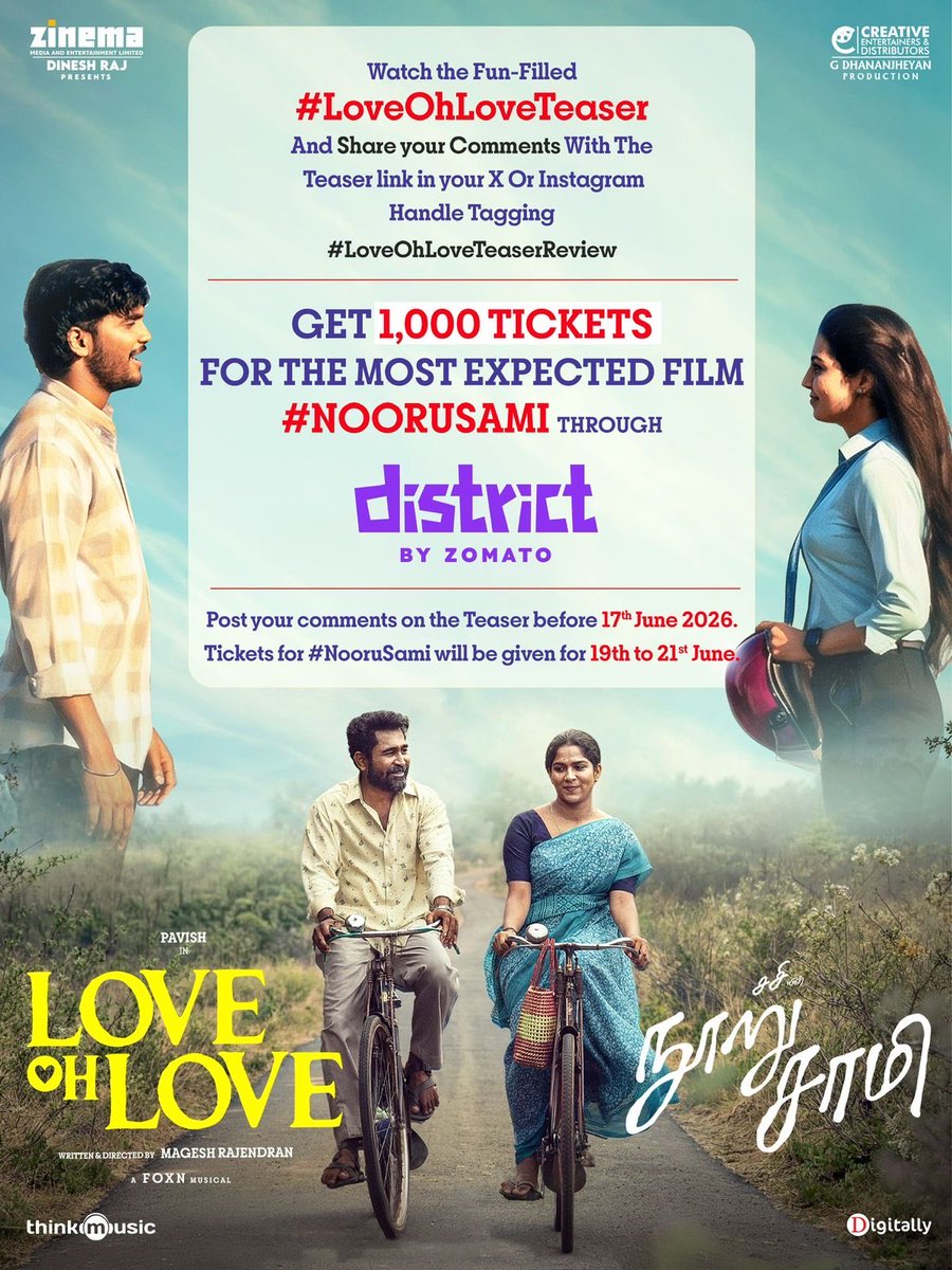 creativeentoffl's tweet photo. The most talked about #NooruSami releasing tomorrow. Get 1,000 Free Tickets from Team #LOL💐

Just watch the #LoveOhLoveTeaser and share the link with your comments on X or Instagram by today. Tomorrow you will get tickets through @district_india ❤️ https://t.co/TNsXqjluwG