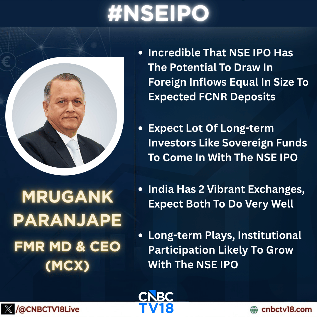 CNBCTV18Live's tweet photo. #NSEIPO | 🚨 EXPERTS ON CNBC-TV18: "#NSEIPO could trigger a massive wave of long-term global capital."

As anticipation builds, market leaders break down the valuation math and the institutional impact of India's premier exchange going public.

Attractive Entry?: At a ₹5 Lakh Crore valuation, NSE sits at a 15-20% discount to its peer BSE: Centrum Broking says 

Derivative Regulations: "SEBI has been very clear that it has already done what needed to be done w.r.t derivatives." — Mrugank Paranjape

Stay tuned to CNBC-TV18 for continuous updates. 📺 #MarketsWithCNBCTV18 #NSE #IPO #Economy