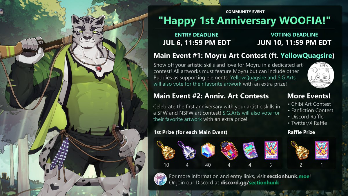 sectionhunkmoe's tweet photo. [EVENT] To celebrate the first anniversary and the second WOOFIA collab artist, @YellowQuagsire, we're hosting several events, along with a raffle right here! Simply like, retweet, and reply to this post to enter!

Prize (2 winners): 2x Golden Bell, 1x Recruit Flyer https://t.co/aycMEqAYhJ