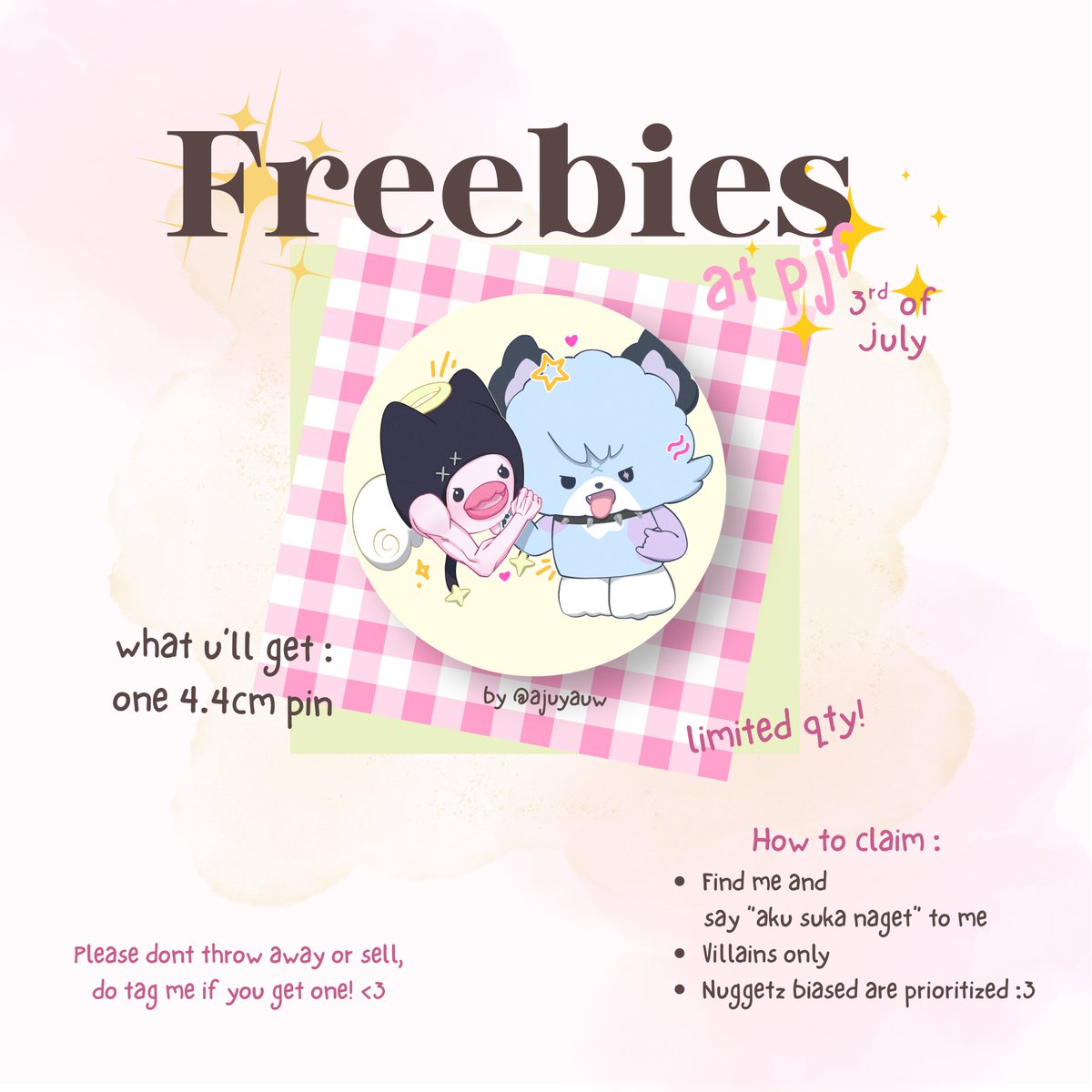 ajuyauw's tweet photo. PJF Freebies by @ajuyauw ✨
(Limited QTYs)

• July 3rd, 2026
• Place &amp; Time TBA
📍Prambanan Jazz day 1

Kalau lewat tl kalian tolong bantu like dan rt yaa! 🩷
I'm open for trades 🗣️ https://t.co/K3dz0IFAqt