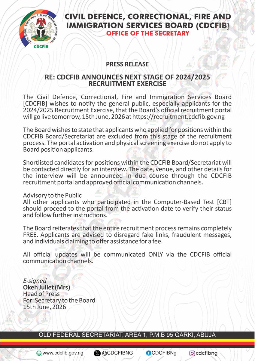 BobadeTaiwo's tweet photo. @CDCFIBNG @MinOfInteriorNG @CorrectionsNg @BTOofficial @official_NSCDC @Fedfireng @NTANewsNow Good day @CDCFIBNG and @MinOfInteriorNG 
I've been checking status since Monday June 15, 2026 but I've not been shortlisted and I'm very sure I scored nothing less than 95/100. I applied for the position of Administrative II under the CDCFIB Board. https://t.co/MVfzw2R6xE