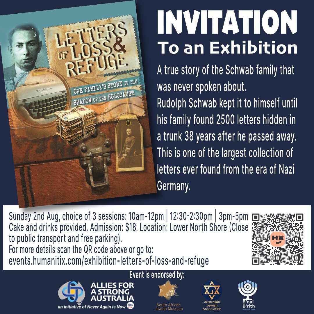 alliesaus's tweet photo. 📜✨ Letters of Loss and Refuge Exhibition ✨📜

🗓️ Sunday, 2 August 2026 (NSW)
🎤 Guest speakers at each session
🎟️ Book tickets: https://t.co/CcVNyjddlK
🔗 Ticket link also available via the link in our bio.

A powerful and moving glimpse into history. Don't miss it. https://t.co/dMtWtlmNFY