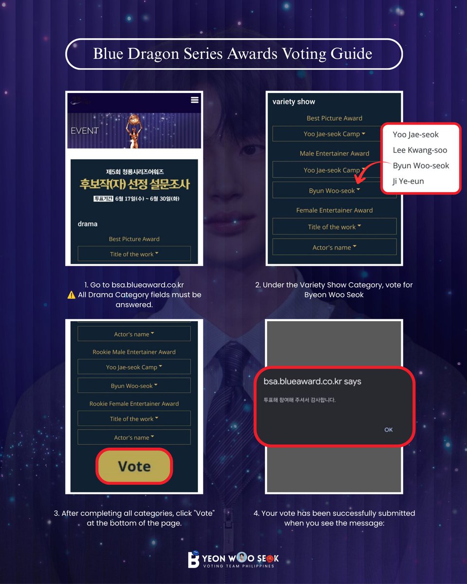 bwsvotingteamph's tweet photo. The 5th Blue Dragon Series Awards preliminary fan voting is now open! Our beloved actor, Byeon Woo Seok, has been nominated in three categories for his first variety show. Kindly check the voting guide and details below.

Voting link: https://t.co/SfTZznfI04

#JaeseoksBnBRules #BlueDragonSeriesAwards
#ByeonWooSeok #변우석