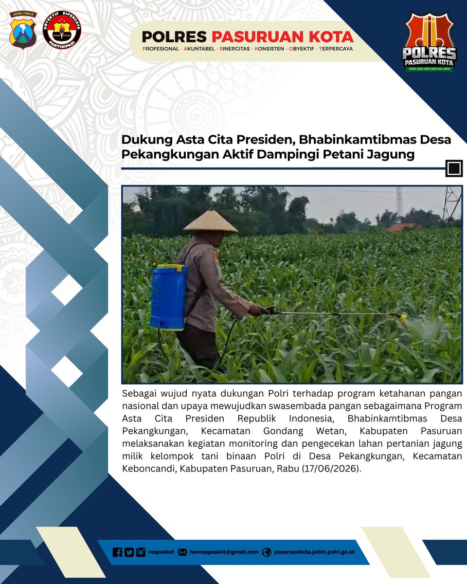 PurwoPaskot's tweet photo. Dukung Asta Cita Presiden, Bhabinkamtibmas Desa Pekangkungan Aktif Dampingi Petani Jagung

#polriuntukmasyarakat
#polripresisi
#polrespasuruankota
#jogopasuruankota
#kerjaikhlashasilberkualitas https://t.co/sMLdwUd8tM