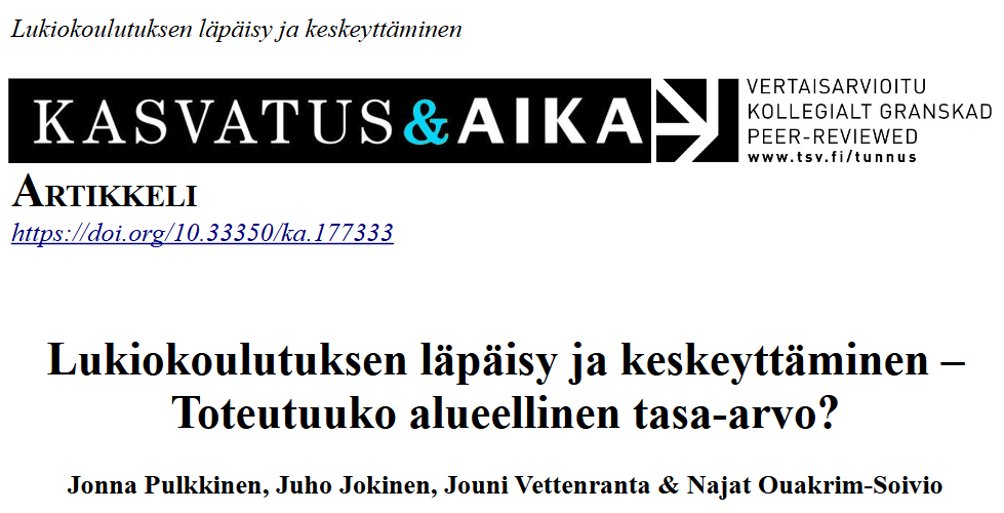 KyostiVarri's tweet photo. Erittäin mielenkiintoinen tutkimusartikkeli lukiokoulutuksen läpäisystä ja keskeyttämisestä. Sekä alueellinen että ajallinen tarkastelu on kiinnostava. #lukio @PulkkinenJonna @najatouakrim @KasvatusjaAika https://t.co/rXK0Xz1rE7 https://t.co/gG3ShxSDAA