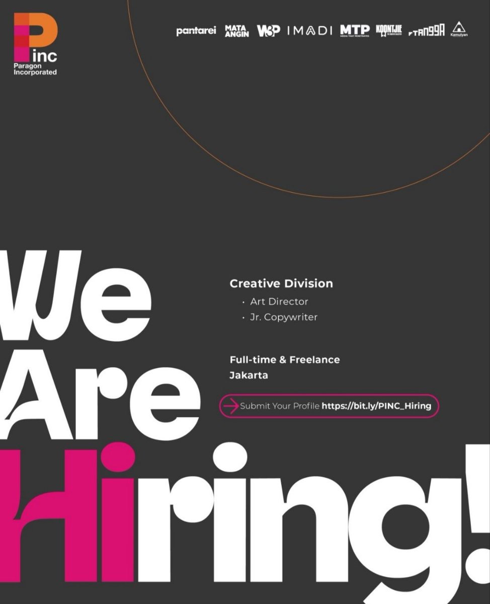 temankerjaaa's tweet photo. 📢 LOWONGAN PEKERJAAN | Full Time, Freelance & Intern

PINC (Paragon Incorporated) lagi membuka puluhan posisi untuk Creative, Marketing, Social Media, Account, HR, Finance, hingga Design.

Ada Full-time, Freelance, dan Internship.

📍 Jakarta (Full-time & Freelance)
 ✅ Art Director
✅ Jr. Copywriter
✅ Account Manager
✅ Sr. Account Executive
✅ Account Executive
✅ Digital Strategist
✅ Social Media Officer
✅ Social Media Analyst
✅ Finance, Tax & Accounting
✅ HR Generalist
Apply: https://t.co/yMHL2lfm2S

📍 Jogja (Full-time & Freelance) 
✅ Graphic Designer
✅ Copywriter
✅ 2D Motion Designer
✅ 3D Motion Designer
✅ Video Editor
Apply: https://t.co/CifIwrcjaP

📍 Jakarta (Internship) 
✅ Social Media Officer
✅ Social Media Analyst
✅ Human Resources
✅ Graphic Designer
✅ Copywriter
Apply: https://t.co/PSc2AErZNh

Menurutku ini salah satu pembukaan posisi kreatif yang cukup besar minggu ini.

Kalau kamu sedang mencari peluang baru, cek ini.

Kalau kamu sudah bekerja, bantu repost.

Bisa jadi satu repost dari kamu adalah alasan seseorang mendapat pekerjaan bulan ini ❤️

#hiring #freelance #temankerja