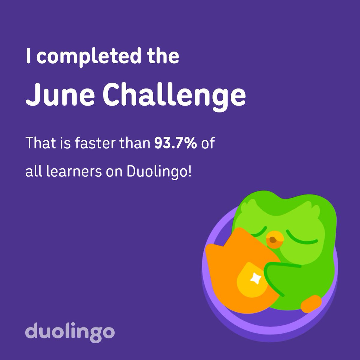 radashley's tweet photo. I completed the June challenge faster than 93.7% of all learners on Duolingo! https://t.co/AjO7zpWXNN