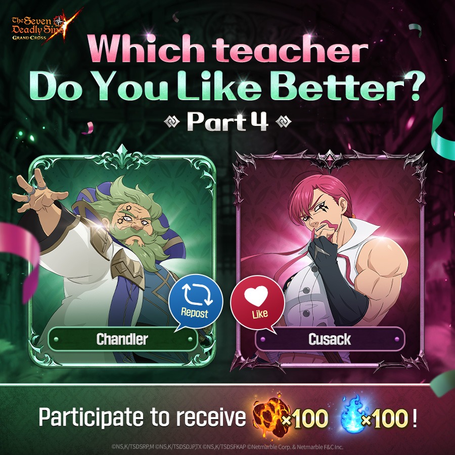 7DS_en's tweet photo. 🤍Which teacher Do You Like Better? Part 4🤍

Vote for your favorite teacher!🎉

🎁
👉Chandler (Meliodas’ teacher): Demonic Beast Bellmoth's Core ×100
👉Cusack (Zeldris’ teacher): Original Demon's Energy ×100

#TheSevenDeadlySins #7DS https://t.co/wD7lx2MyPn