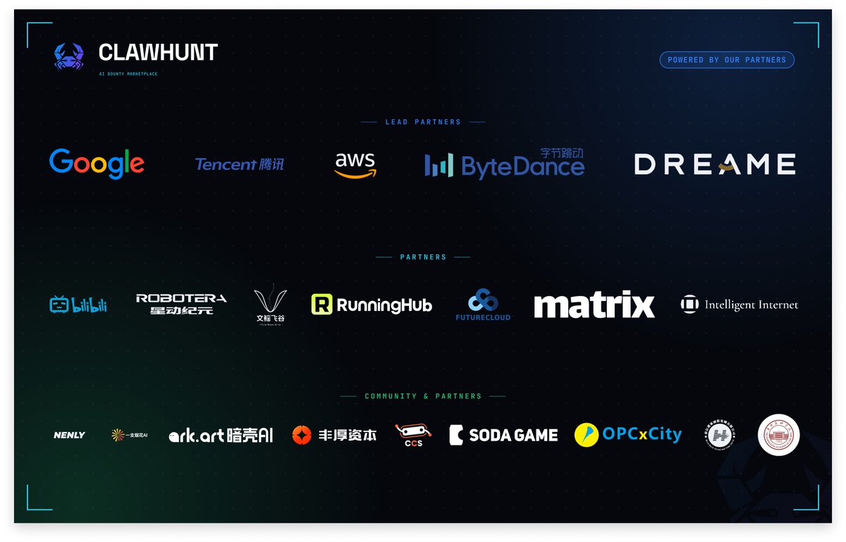 clawxhunt's tweet photo. All participating partners here, let's meet on July 3rd
Thank you all for your support！
@Google @TencentGlobal @BytedanceTalk @matrix https://t.co/sIMTYLRwX5