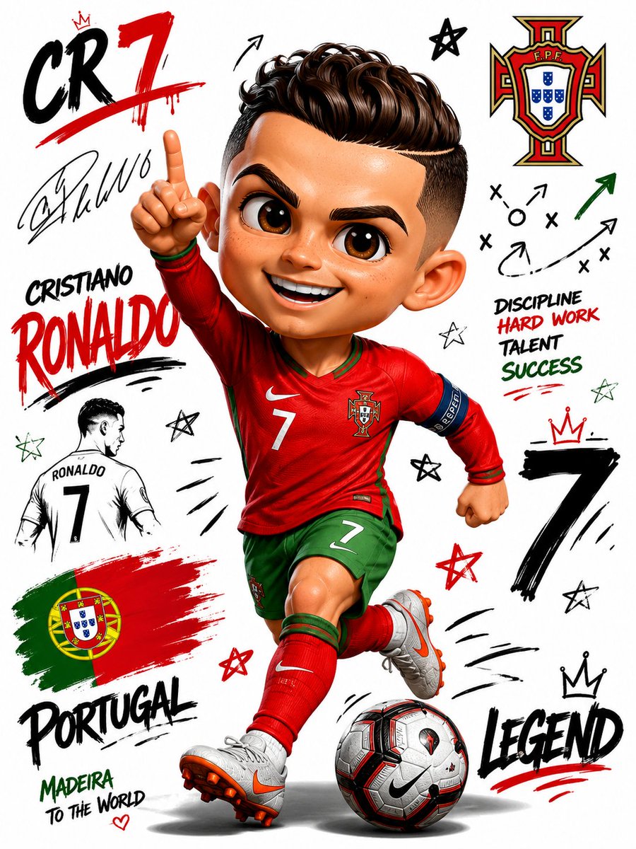RizwanAly07's tweet photo. GPT images 2 on @Lart_AI 

https://t.co/8pXVxX835v

Prompt ⬇️ 
Create a premium 3D chibi football player illustration in a playful collectible sticker-art style.
The character should have an oversized head, expressive anime-inspired eyes, a small stylized body, and a cheerful energetic pose as if celebrating a goal, dribbling, or pointing toward the sky.
Wear the authentic national team or club jersey with accurate colors, shorts, socks, and football boots. Place a realistic football near the player's feet.
The background should be a clean white square canvas decorated with hand-drawn doodles, dynamic scribbles, arrows, stars, crowns, tactical sketches, signatures, jersey numbers, player names in bold graffiti typography, national flags, and team logos inspired by modern football sticker collections.
Style requirements:
• High-quality 3D cartoon rendering
• Cute chibi proportions (large head, small body)
• Smooth glossy textures
• Soft studio lighting
• Vibrant saturated colors
• Slight shadow beneath the character for depth
• Premium collectible sticker/poster aesthetic
• Dynamic action pose with a fun and energetic expression
• Ultra-detailed, polished, and social-media-ready artwork

Composition:
Centered character occupying most of the canvas, with surrounding doodles and typography arranged artistically without overcrowding the design.

Aspect Ratio: 3:4
Quality: Ultra HD, highly detailed, professional 3D illustration.