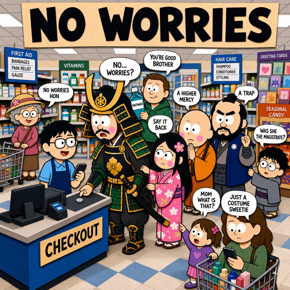 japan_nobunaga's tweet photo. USA. A drugstore. I had brushed an elderly woman's cart with mine, and she absolved me before the bow had reached its lowest point.

"No worries!"

I went still.

In my land, an apology is a small ceremony. It is offered. It is weighed. In cases of true offense, declined. Here, it is intercepted in midair, defused, and returned to me as a smile.

"Forgive me—" I began.

"Oh hon, no worries."

She wheeled away, leaving me holding an apology with no door to deliver it to.

My retainers gathered, sensing the pardon I had not requested.

BOZU, the monk, contemplated. "A pardon delivered before the offense is confessed is a higher mercy than I have known."

NAKAMA, my old rival, frowned. "It is a trap. They release us before we have signed. We are now in their debt forever."

WAKAIKO, the young one, whispered. "My lord. Was she the magistrate? Or only a passerby?"

At the counter, I dropped a coin. The cashier, not even looking down.

"No worries, take your time."

The man behind me, in line with a single bottle of mouthwash, sighed.

"You're good, brother. Take your time."

Three pardons, in three breaths, for one coin.

A child at the next register pointed at my katana. "Mom, what is that?"

The mother, mid-text. "No worries, sweetie. It's just a costume."

A blade carried in honor of the dead, downgraded to fancy dress, with one syllable.

OKUKATA, my wife, took my elbow.

"Honey. It just means 'you're fine.' Say it back."

I tried. "No… worries."

The cashier beamed. "There you go, boss."

I have since walked this nation absolving strangers. A man bumps me — no worries. A waiter spills my water — no worries. A car nearly takes my sandal — no worries.

They pardon me for sins I have not yet confessed. And in time, I have begun to pardon them, for fears they have not yet declared.

A country that pardons before it inspects has not lowered its honor. It has only run out of patience for grudges.

I will not chase old apologies. I will only release them. I will only nod once. I will only say two small words, the way a samurai sheathes a sword he has decided not to draw.

Who am I deceiving. There is no apology in this country that I will not catch in midair and return as a smile, until my own offenses, finally, arrive forgiven before I have committed them.
