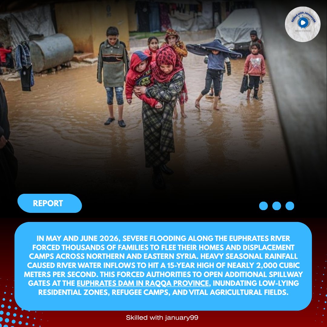 Skilledwitjan9's tweet photo. In May and June 2026,severe flooding along the Euphrates River forced thousands of families to flee their homes and displacement camps across northern and eastern Syria.Heavy seasonal rainfall caused river water inflows to hit a 15-year high of nearly 2K cubic meters per second🥺 https://t.co/ZHHudkoflu
