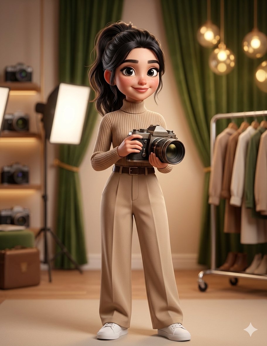 sapi1068032's tweet photo. Prompt 
3D cartoon girl photographer standing in a luxurious  photography studio, holding a 
camera, black eyes, elegant features, warm smile, ponytail hairstyle ,  ultra-detailed skin, cinematic soft lighting,green  color palette,   , highly detailed,fullbody portrait,warm smile https://t.co/u5Qupx5y6s