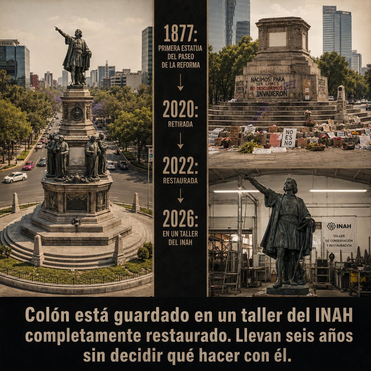 DonPorfirioDiaz's tweet photo. La estatua de Colón fue la primera que se colocó en el Paseo de la Reforma en 1877. Lo que nadie menciona con suficiente énfasis es la cadena de coincidencias históricas que la produjeron: el boulevard donde se instaló lo había trazado Maximiliano de Habsburgo, el escultor que la hizo era francés, el empresario que la encargó era mexicano pero vivía en París, y la mandó hacer en mármol ruso. Antonio Escandón, "uno de los grandes capitalistas de la ciudad", residente en París, encargó en 1873 al escultor Charles Cordier la ejecución del monumento. Escandón era el dueño de los primeros ferrocarriles mexicanos. El hombre que puso los rieles que conectaron el país quiso también poner la primera estatua de la avenida más importante de la capital. El monumento llegó a Veracruz en 1875 y estuvo en las bodegas de la estación Buenavista casi dos años por las convulsiones electorales y la rebelión de Tuxtepec de 1876. La primera estatua del Paseo de la Reforma llegó al puerto en 1875 y no encontró dónde ponerse porque Porfirio Díaz estaba derrocando al gobierno. Cuando todo se calmó, Díaz inauguró la estatua en agosto de 1877, en el mismo Paseo que Maximiliano había trazado. El conjunto escultórico incluía la figura de Colón de pie y cuatro frailes sentados a su alrededor: Bartolomé de las Casas, Juan Pérez de Marchena, Diego de Deza y Pedro de Gante. Las cuatro figuras que acompañaban a Colón eran los únicos que habían intentado proteger a los pueblos que él conquistó, lo cual es el nivel de ironía que solo la historia produce sin proponérselo. El 10 de octubre de 2020 la estatua fue retirada para restauración. El gobierno anunció que no regresaría al Paseo y en su lugar se colocaría la escultura Joven de Amajac. La estatua fue restaurada completamente a fines de 2022 y actualmente se encuentra en los talleres del INAH a la espera de una decisión sobre su futura ubicación. La primera estatua del Paseo de la Reforma lleva cuatro años guardada en un taller sin que nadie decida qué hacer con ella. México tiene ese don de crear problemas que duran más que los que los crearon.