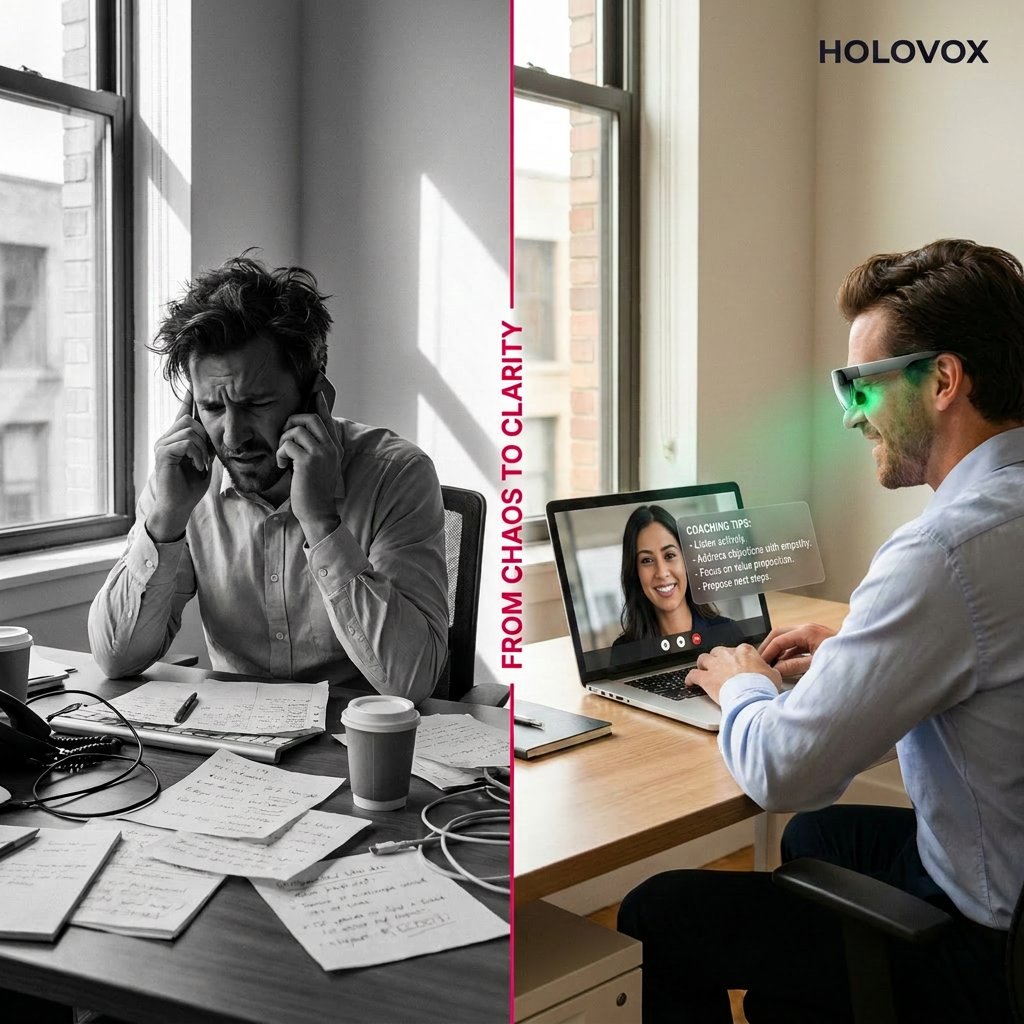 HoloAtMe's tweet photo. Same call. Same guy. Two different outcomes
Left: frozen. Right: calm, sharp, in control with Holo Assist feeding him the perfect thing to say in real time.
You don't get a second take in real life. We built the thing that nails it the first time.
Aug 4. AI4 Vegas. 🚀
#superhuman https://t.co/ediK2JotfZ