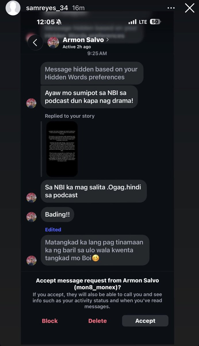 volleytiger's tweet photo. THIS IS ALARMING.

Sam Reyes, part of Ateneo MBT, posted on his IG Story a screenshot showing a netizen sending him a death threat.

Hoping @ateneodemanilau and the authorities take this seriously. Nakakatakot para sa mga bata.

At para sayo Armon Salvo, tangina mo. https://t.co/oyfgAXCn3v