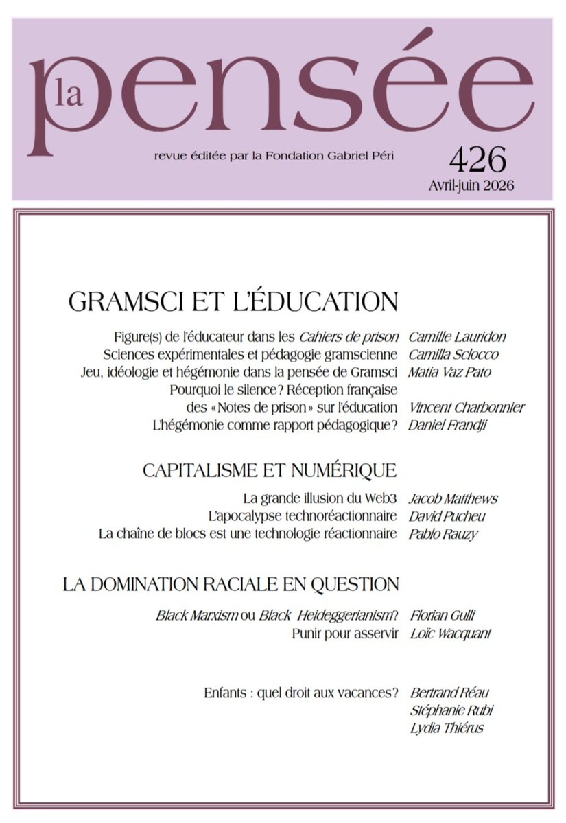 LaPenseeRevue's tweet photo. Le n°426 de La Pensée est arrivé sur @Cairninfo

Dossiers: 
-  Gramsci et l’éducation 
- Capitalisme et numérique 
- La domination raciale en question

- Quel droit aux vacances des enfants (OVLEJ) ? 

https://t.co/0Izne8d9Ff https://t.co/c1k8URxire