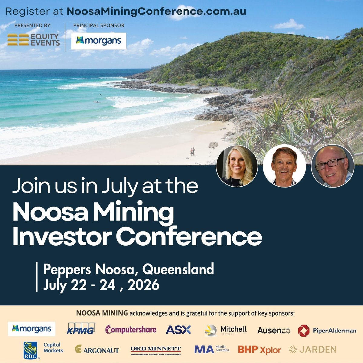 NoosaMining's tweet photo. Noosa Mining Investor Conference is back for 2026! Register now to attend the July 22-24 event, bringing together our biggest line-up yet of mining and energy companies in beautiful Noosa on the Sunshine Coast: https://t.co/quKdVM4gxD https://t.co/usvW6hIkKq