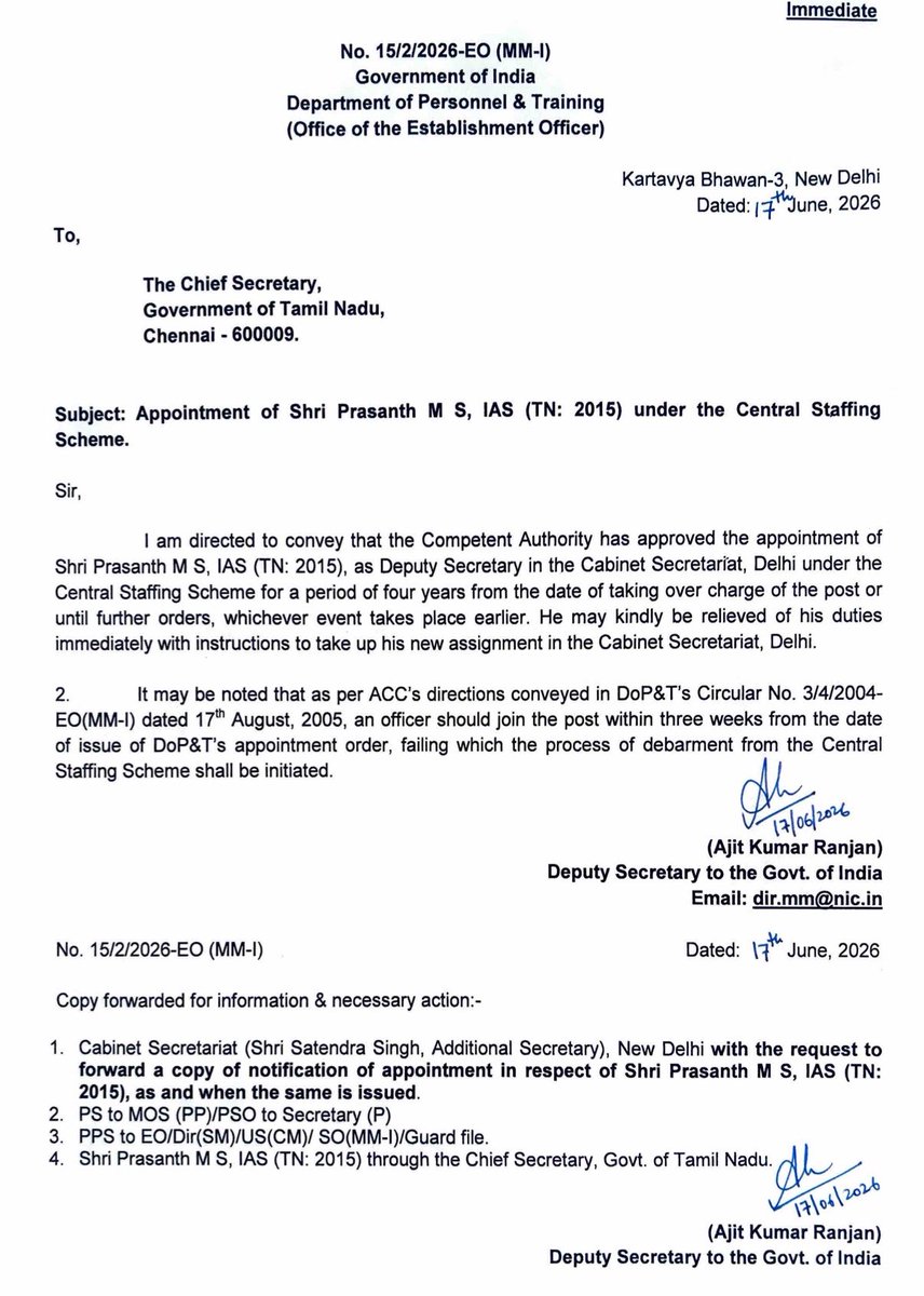 BureaucratsInd's tweet photo. #BITransferPosting 

Prasanth M S, IAS (Tamil Nadu, 2015), has been appointed as Deputy Secretary in the Cabinet Secretariat, Government of India, under the Central Staffing Scheme.

He will serve for a period of four years from the date of assuming charge or until further orders, whichever is earlier.

#transfer #posting #bureaucracy #BureaucratsIndia 

@DoPTGoI @DCsofIndia