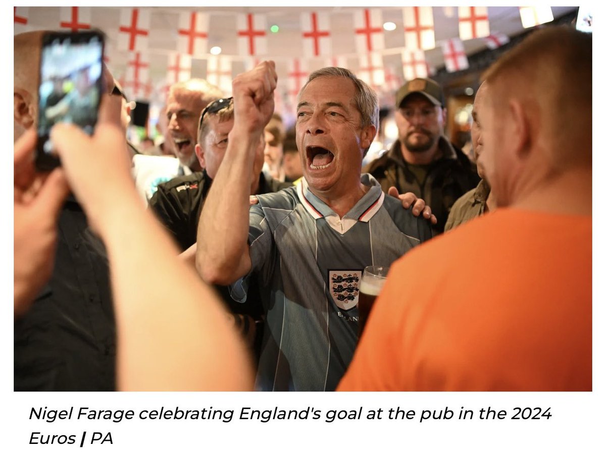 martinharmer's tweet photo. @Nigel_Farage @England Nigel Farage is such a man of the people, that he arranged for everyone he was in the pub with to watch England play Denmark in 2024, to get back together in the same clothes to watch England play Croatia in the 2026 World Cup.
 
What a guy! https://t.co/sII7VNQttW