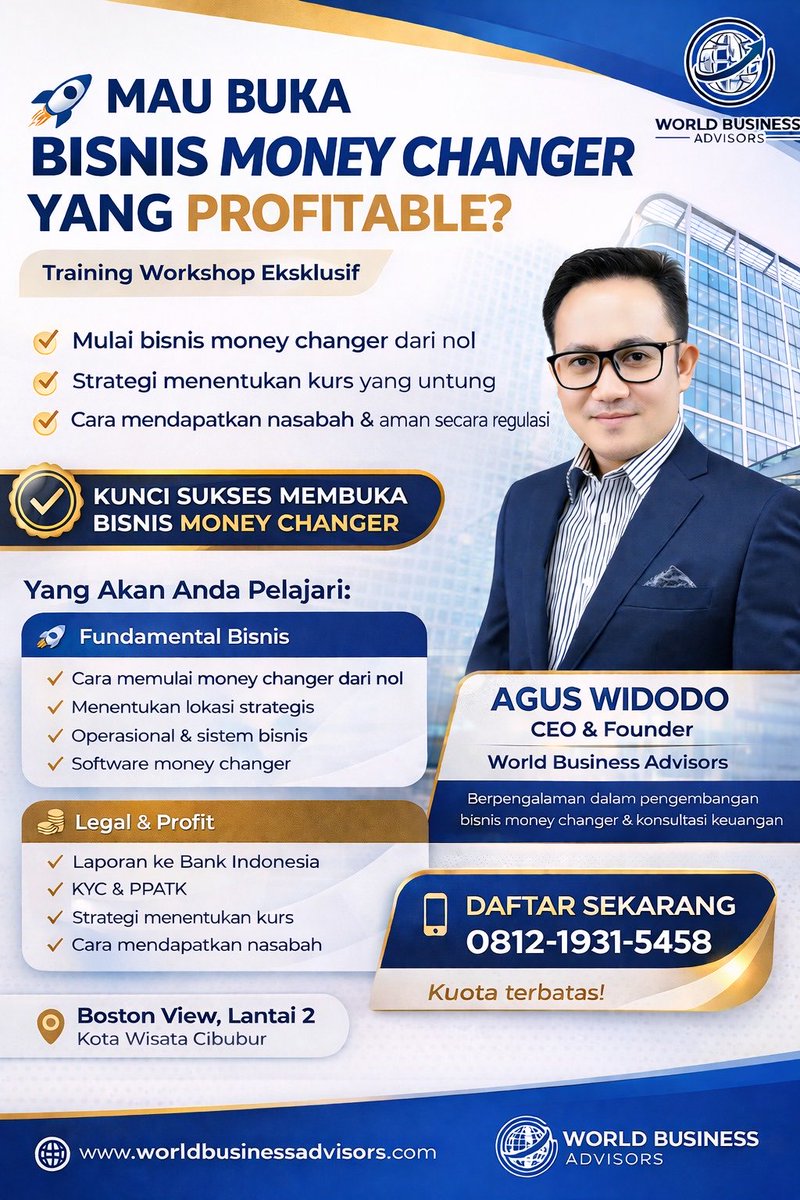 moneykonsultan's tweet photo. Valuta asing adalah komoditas yang tidak pernah mati. Tapi, bagaimana cara main yang benar agar profit maksimal dan sistem berjalan otomatis?

World Business Advisors menghadirkan workshop eksklusif *TRAINING KUNCI SUKSES MEMBUKA BISNIS MONEY CHANGER* selama 2 hari "Full Daging" https://t.co/hIZ2enkdW2